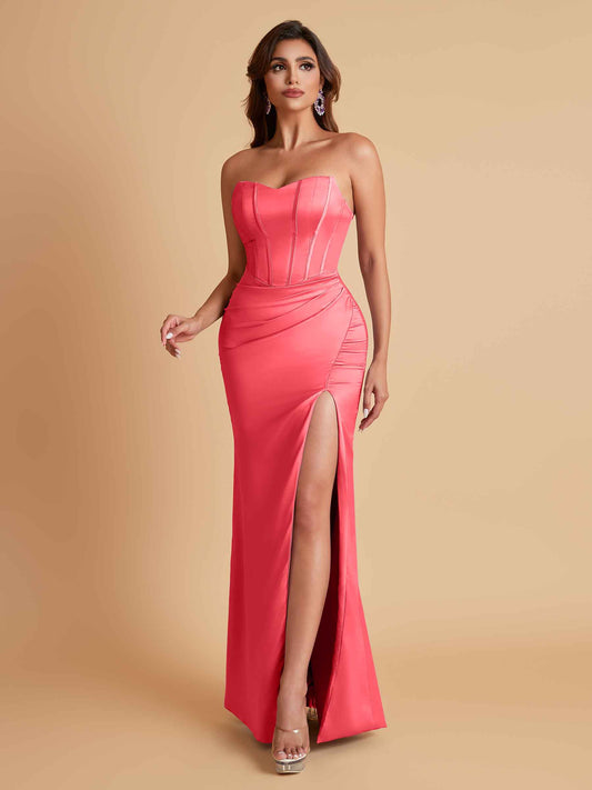 Sexy Strapless Soft Satin Side Slit Floor-Length Mermaid Bridesmaid Dresses