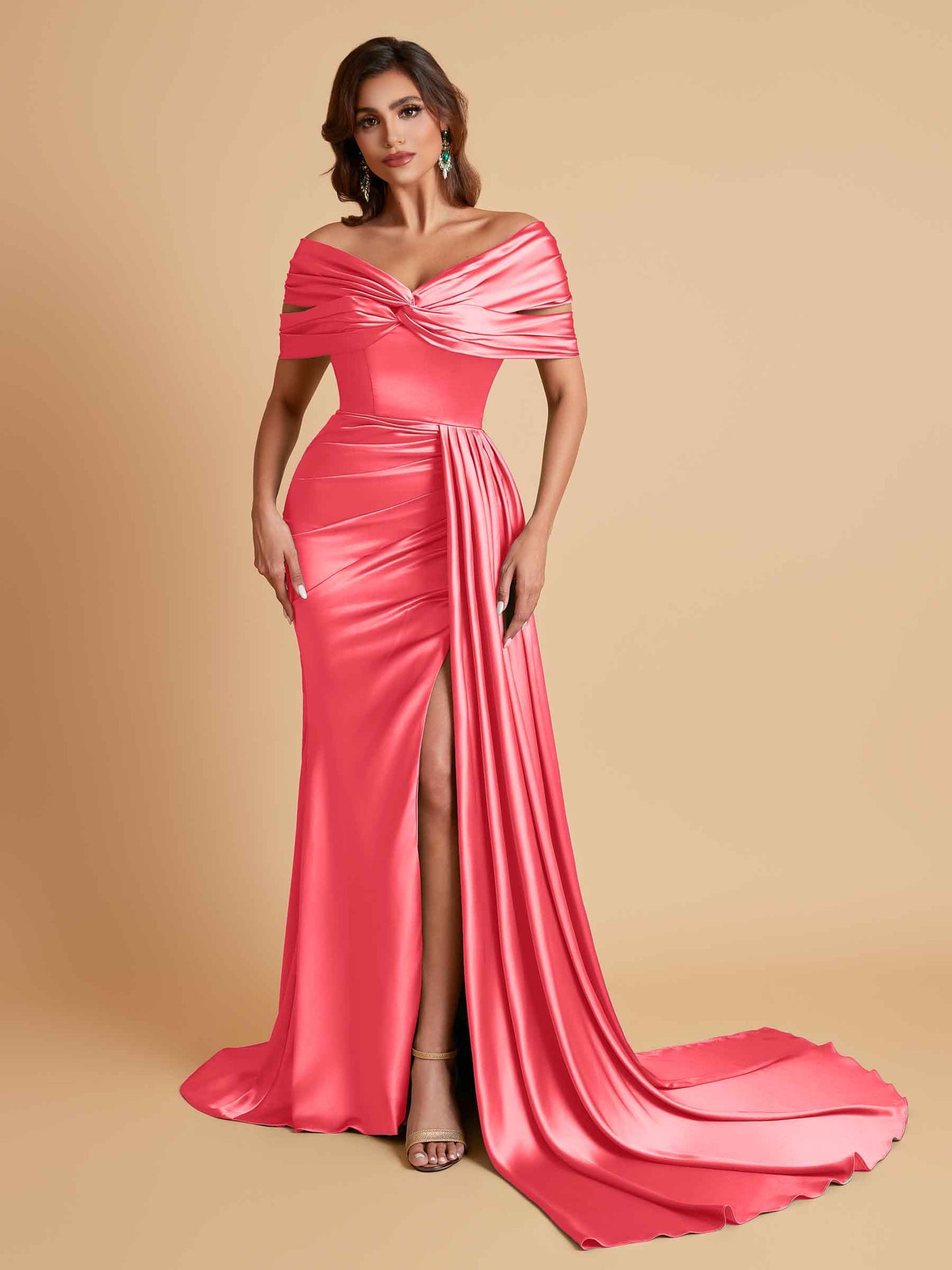 Elegant Soft Satin V-neck Off-the-Shoulder Side-Slit Mermaid Bridesmaid Dresses