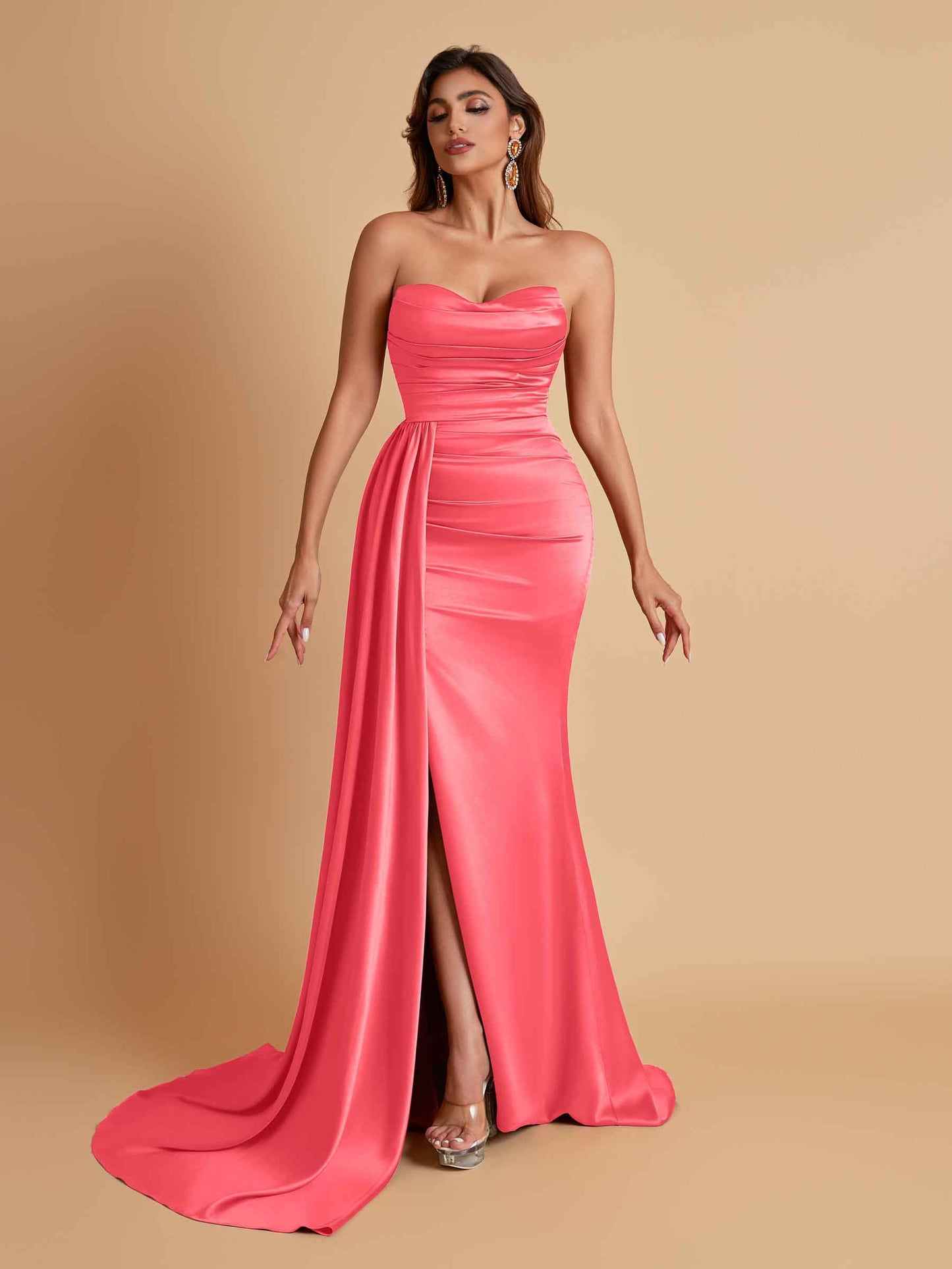 Elegant Soft Satin Sweetheart Strapless Side-Slit Mermaid Bridesmaid Dresses