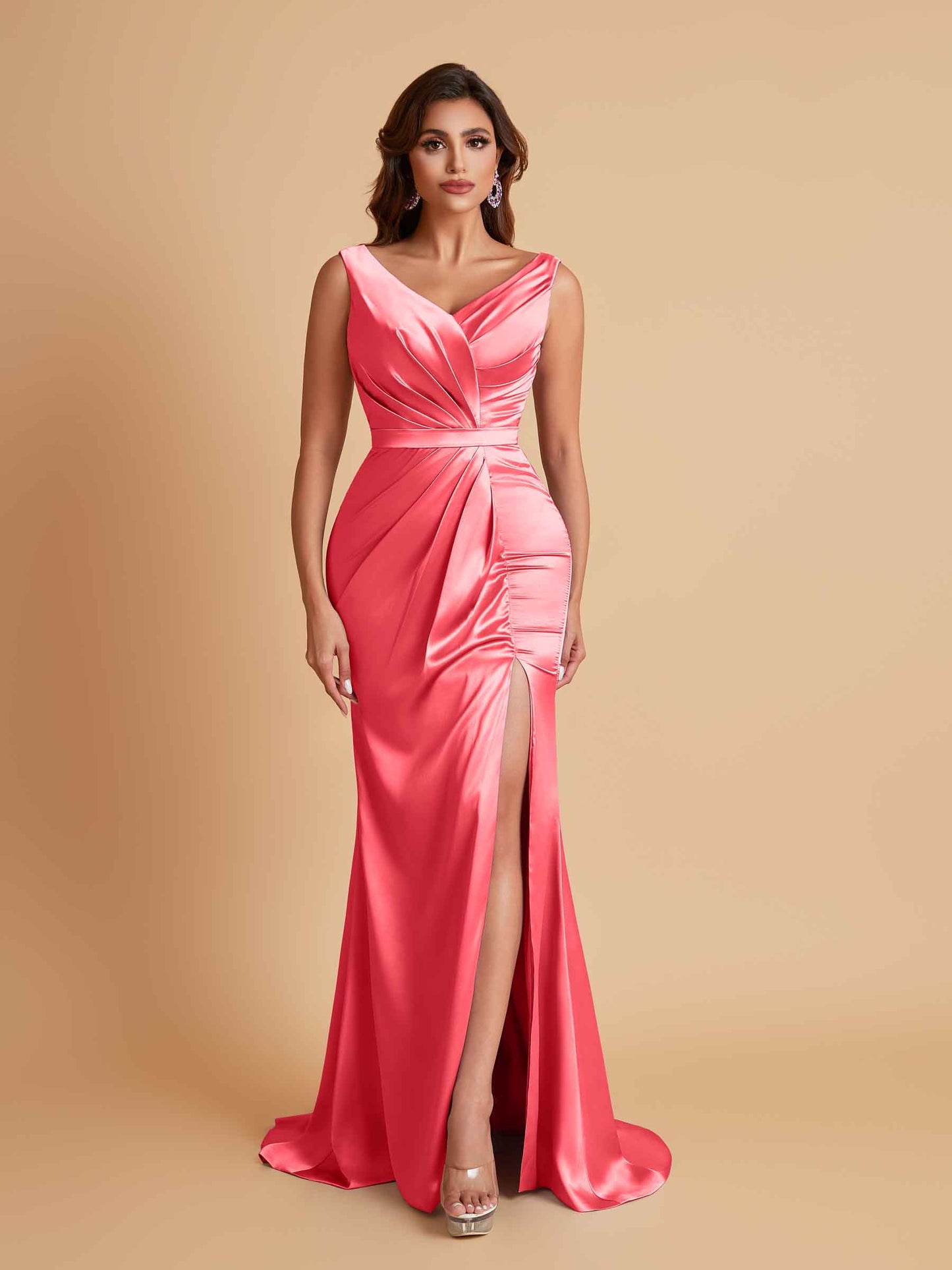 Elegant V Neck Soft Satin Side Slit Floor-Length Mermaid Bridesmaid Dresses