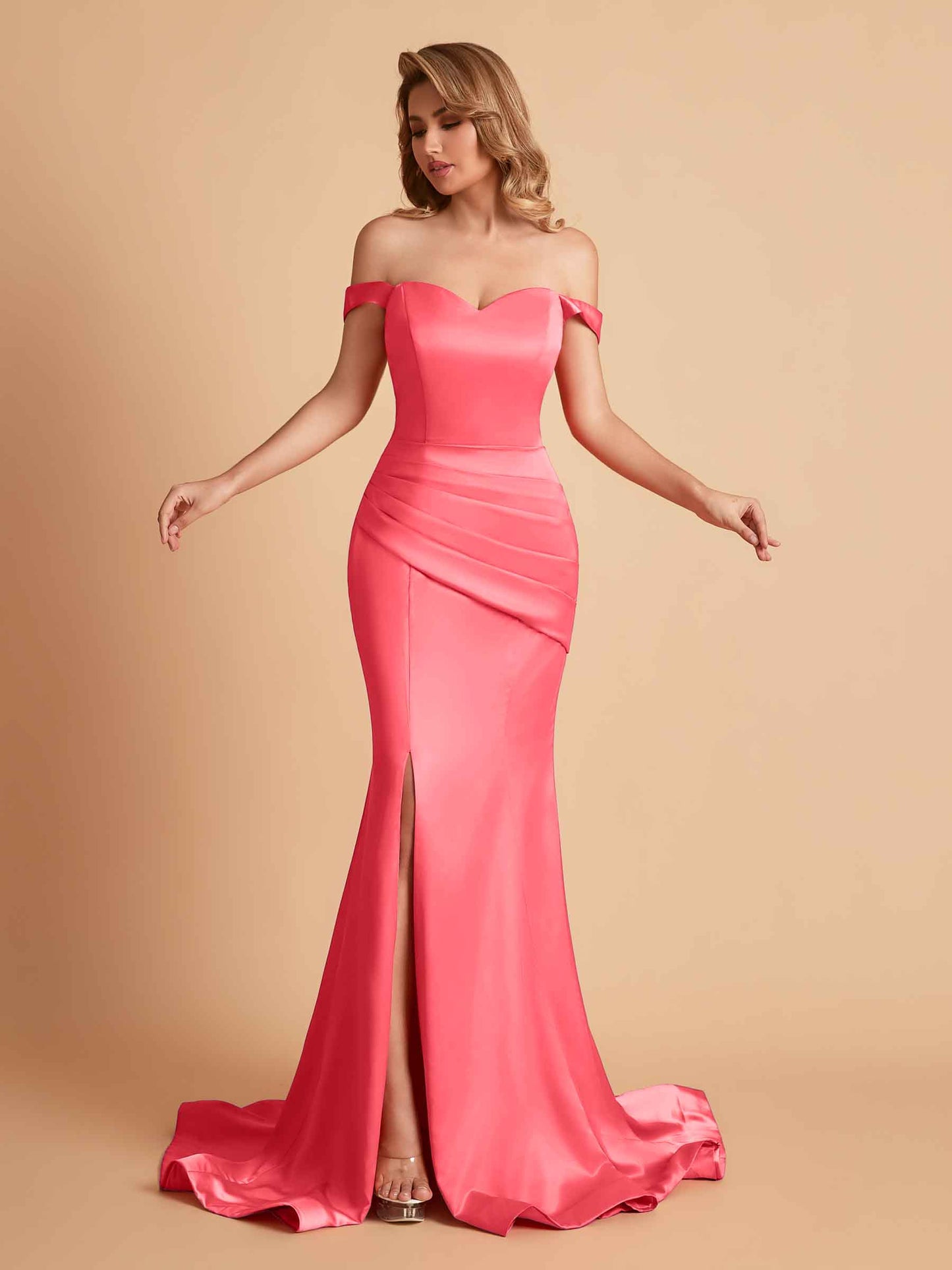 Elegant Satin Off the Shoulder Mermaid Side Slit Floor Length Bridesmaid Dresses