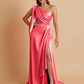 Sexy Soft Satin Mermaid One Shoulder Asymmetrical Side Slit Floor-Length Bridesmaid Dresses