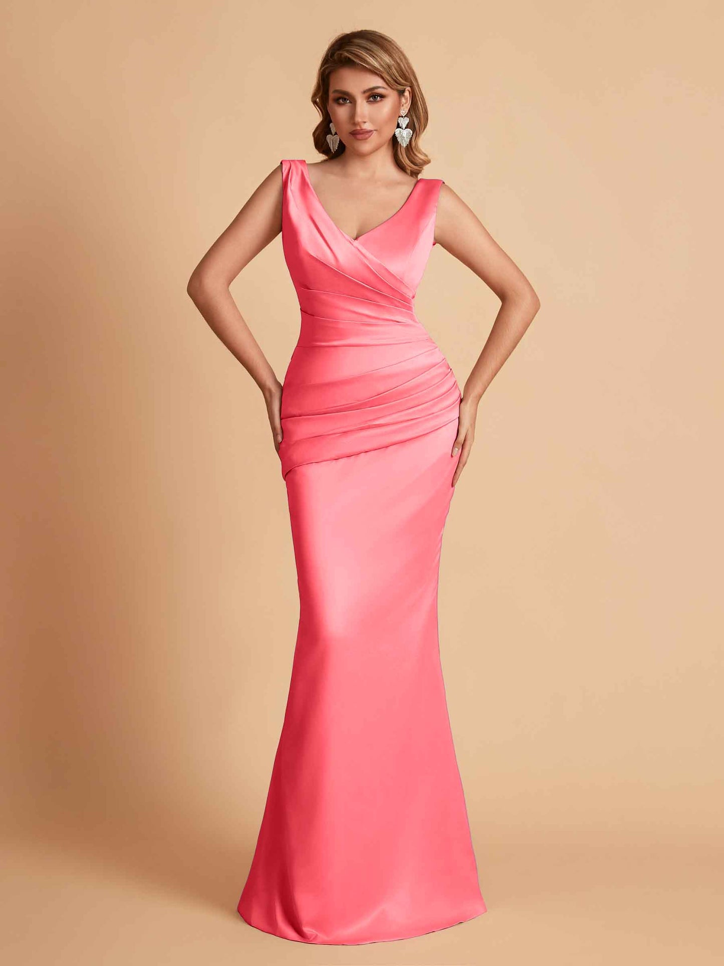 Elegant Satin V-neck Sleeveless Mermaid Floor Length Bridesmaid Dresses