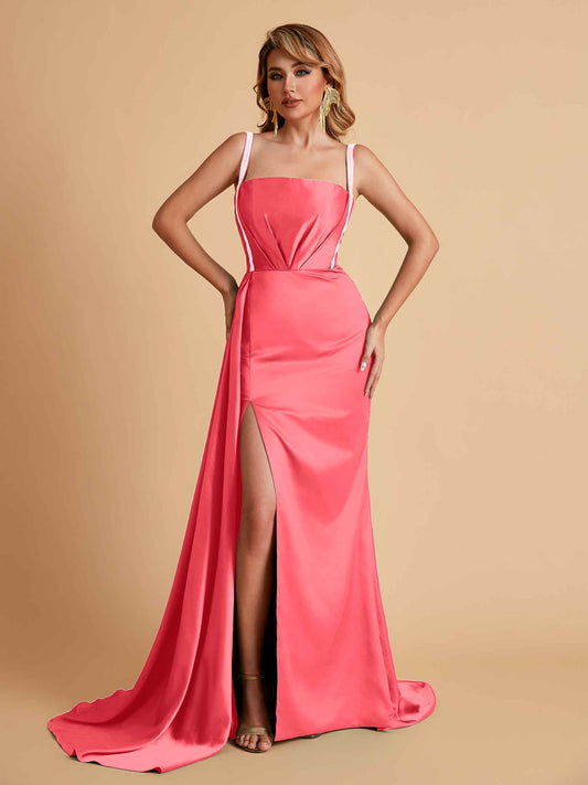 Sexy Satin Mermaid With Train Bridesmaid Dresses Pleats Side-Slit Floor-Length Wedding Guest Dresses