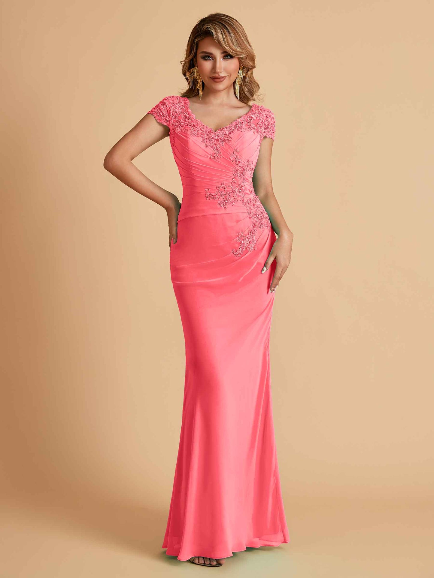 Elegant Mermaid Chiffon Cap Sleeves V-Neck Mother of the Brides Dresses Online