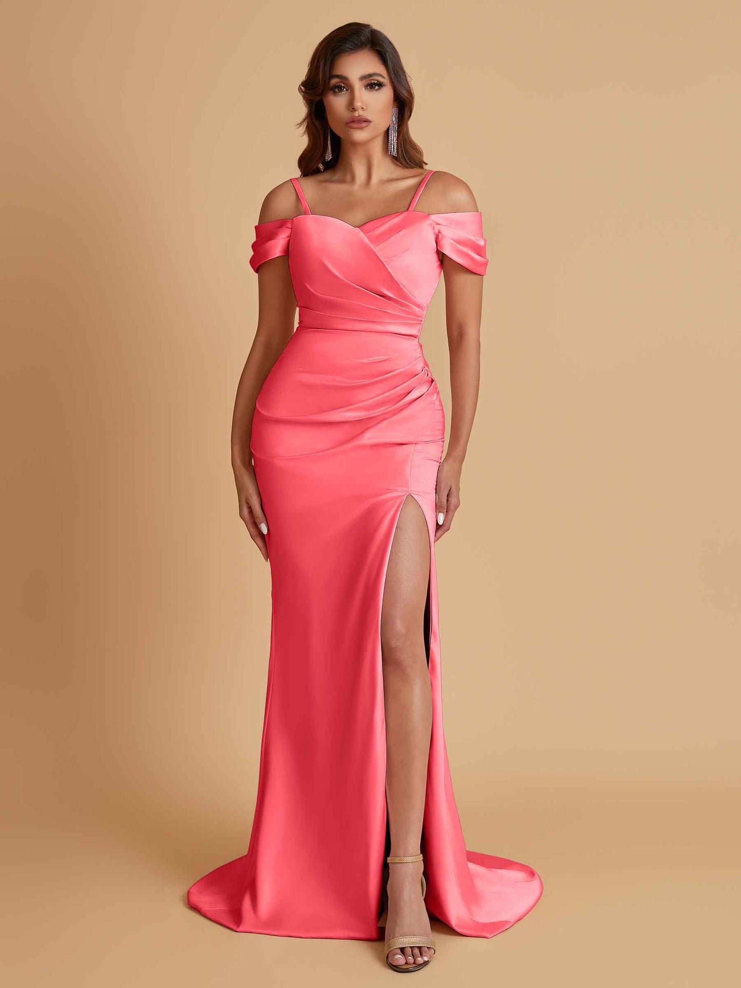 Sexy Soft Satin Mermaid Cold Shoulder Side Slit Floor-Length Bridesmaid Dresses Online