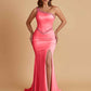 Sexy Soft Satin Mermaid One Shoulder Side Slit Beading Floor-Length Bridesmaid Dresses Online