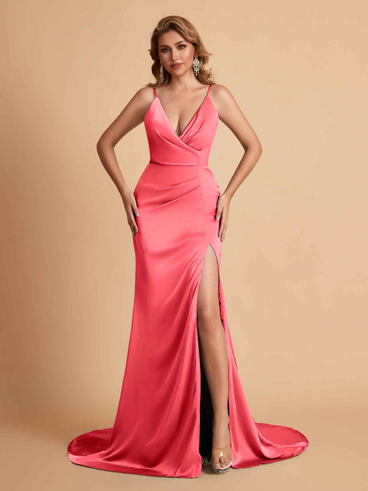 Elegant Satin Spaghetti Straps V-Neck Mermaid Side Slit Floor Length Bridesmaid Dresses
