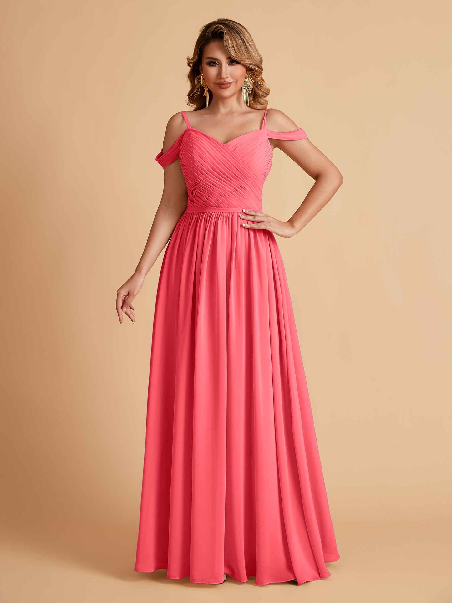Elegant A-line Chiffon Off The Shoulder V-Neck Bridesmaid Dresses Online