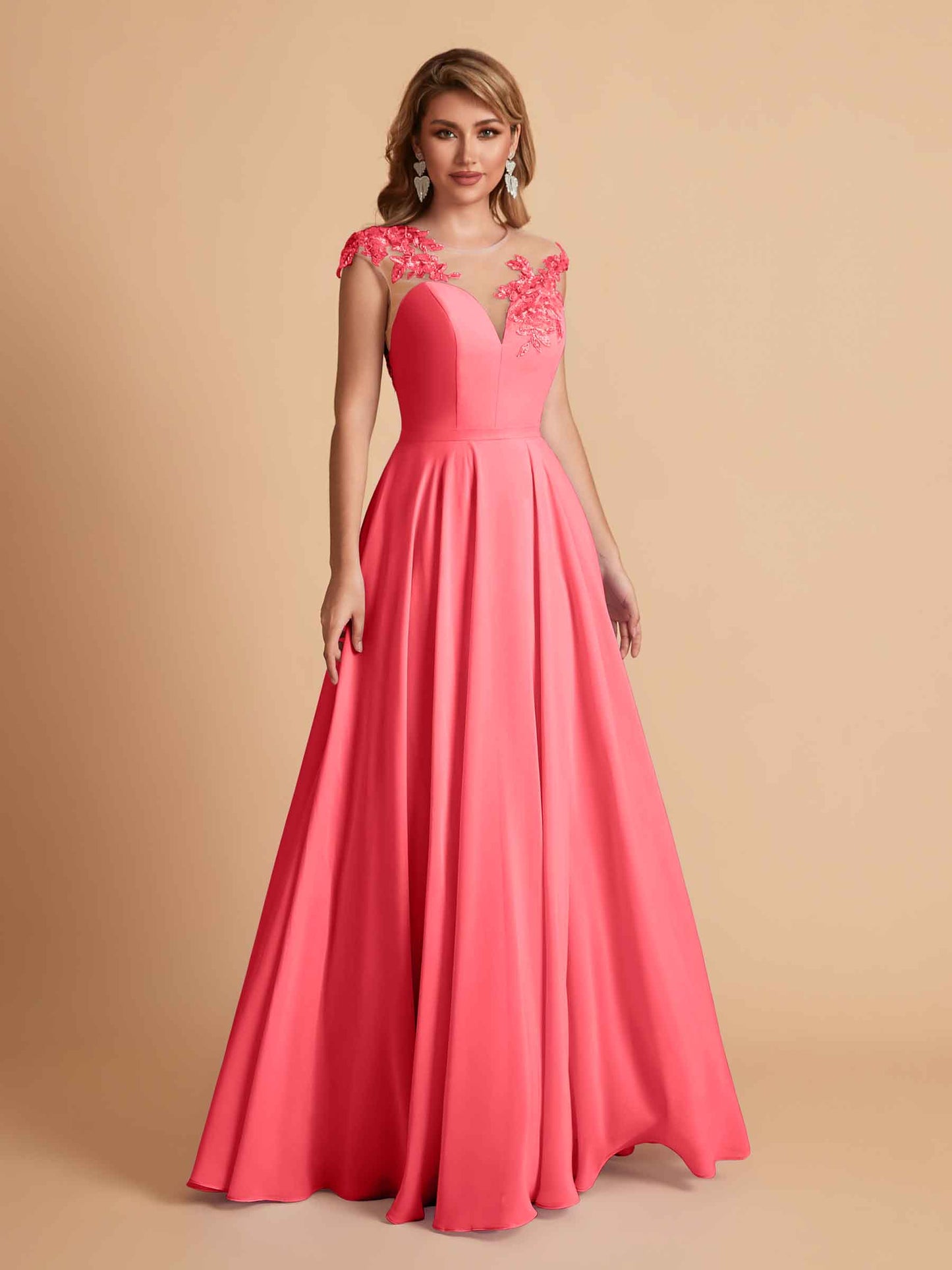 Chiffon Illusion Lace Top A-line Bridesmaid Dresses V-neck Floor Length Wedding Guest Dresses