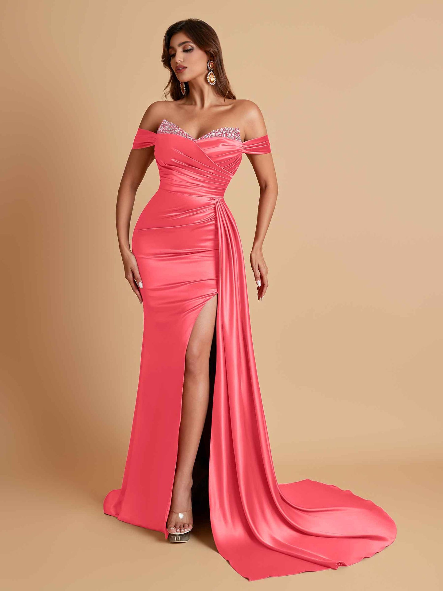 Gorgeous Soft Satin V-neck Off-the-Shoulder Side-Slit Mermaid Bridesmaid Dresses