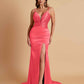 Sexy Soft Satin V-neck Spaghetti Strap Side-Slit Mermaid Bridesmaid Dresses