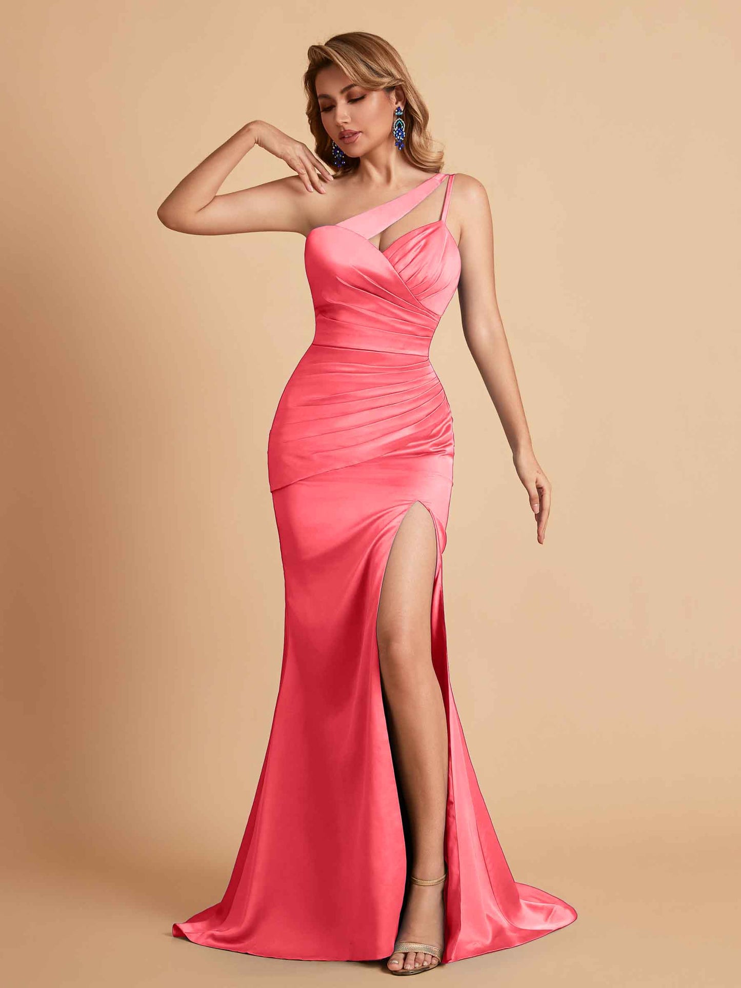 Elegant Satin One Shoulder Mermaid Side Slit Floor Length Bridesmaid Dresses