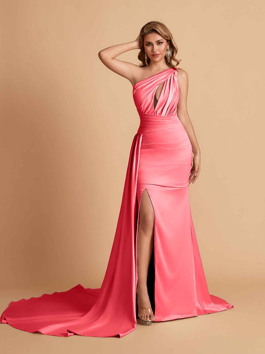 Sexy Satin Mermaid One Shoulder Side Slit Long Bridesmaid Dresses