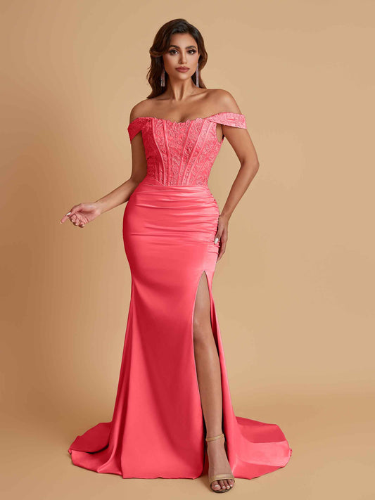 Elegant Soft Satin Mermaid Off Shoulder Side Slit Floor-Length Mermaid Bridesmaid Dresses