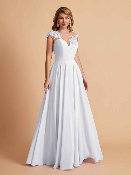 Chiffon Illusion Lace Top A-line Bridesmaid Dresses V-neck Floor Length Wedding Guest Dresses