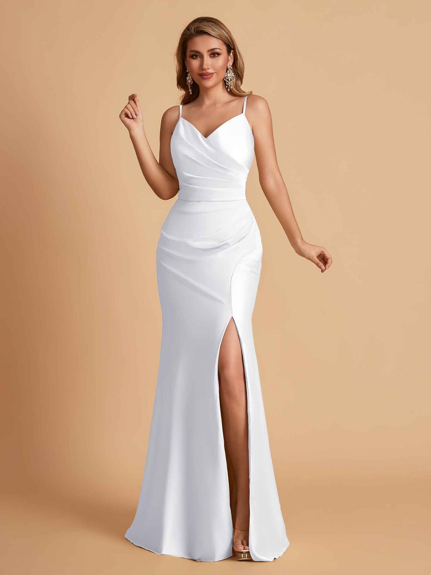 Elegant Satin Spaghetti Straps Mermaid Side Slit Floor Length Bridesmaid Dresses