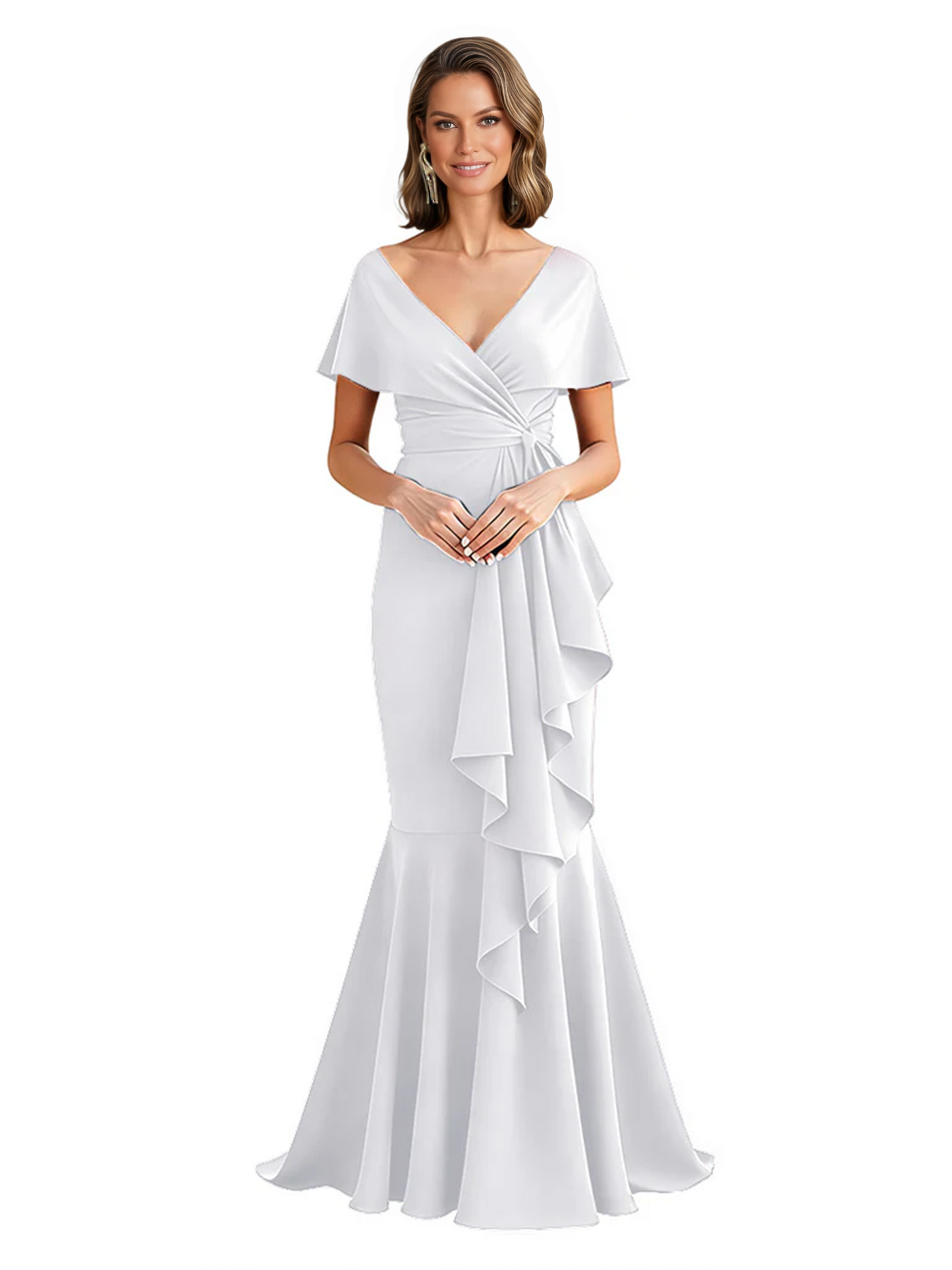 Satin Mother of the Bride Dress with Cascading Ruffles and Mermaid Tail V-Neck
