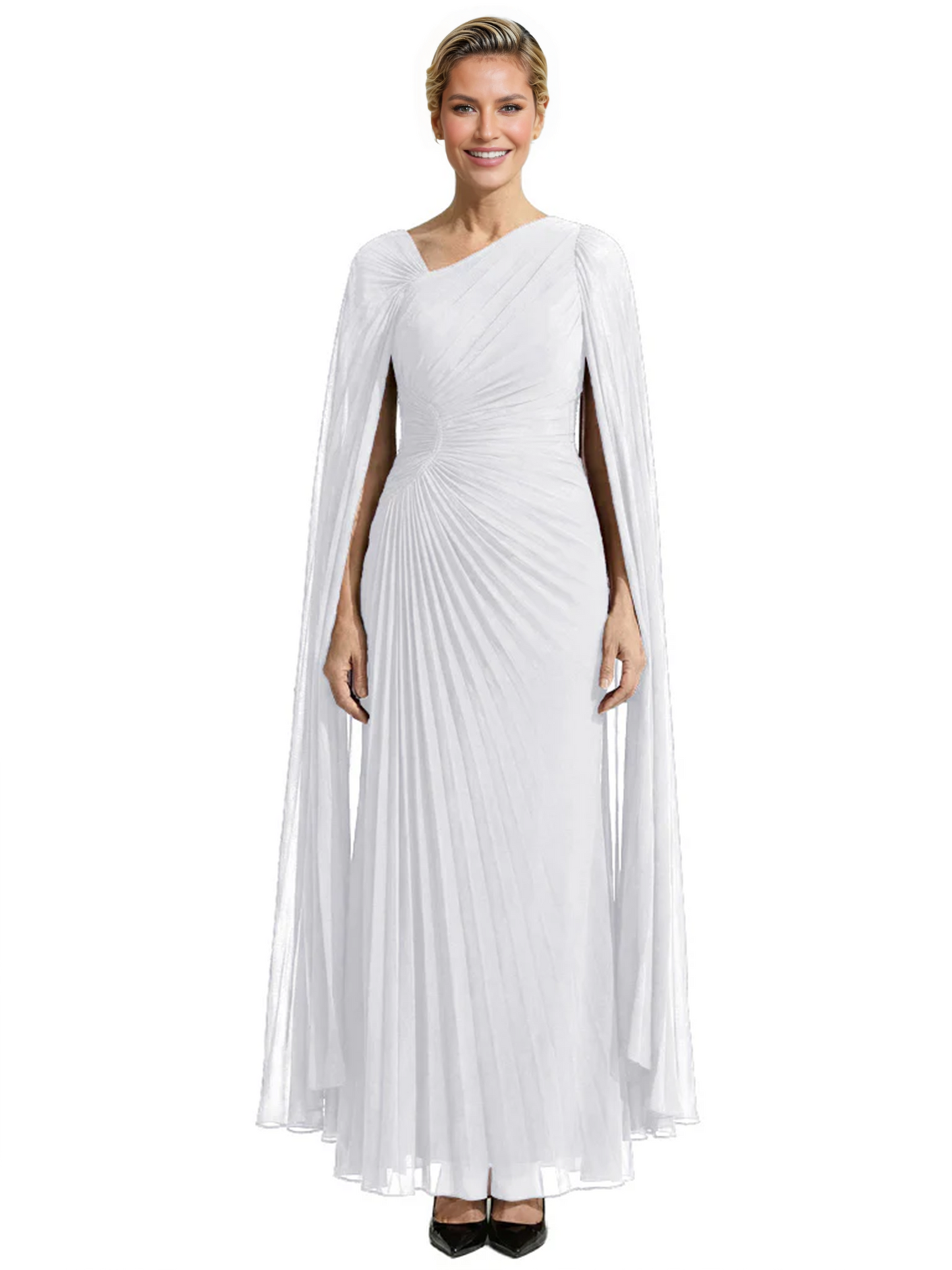 Elegant Asymmetric Neck Long A-Line Chiffon Mother of the Brides Dresses Mom Outfit with Cape