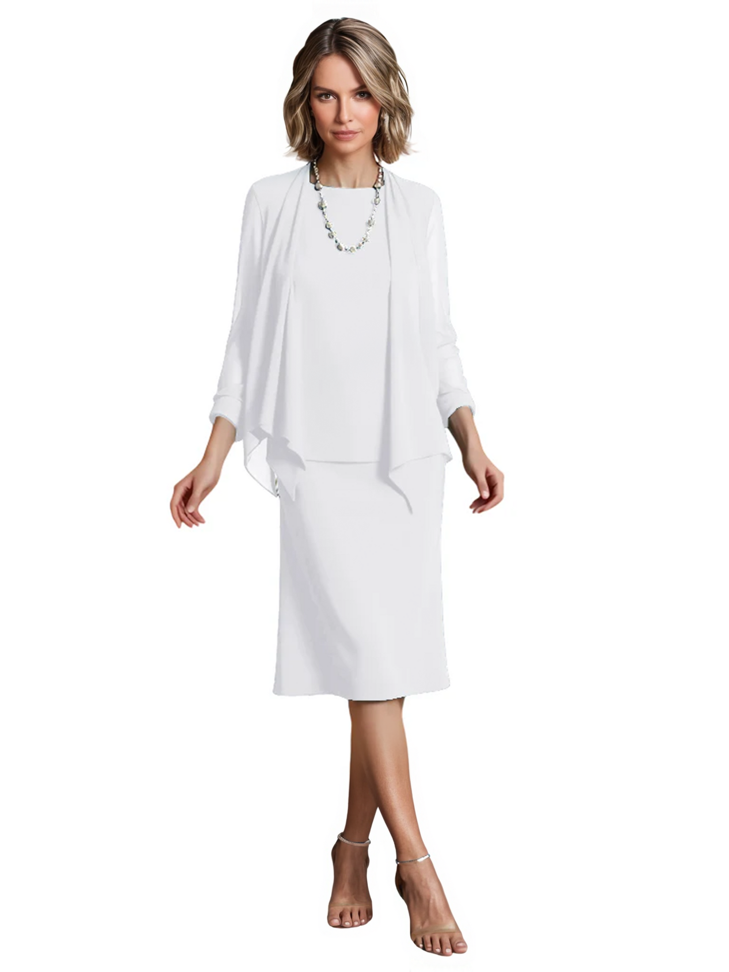 3 PCS Knee-Length Mother of Bride Dresses Prom Dress Evening Dress with Sheer Sleeves and Jacket