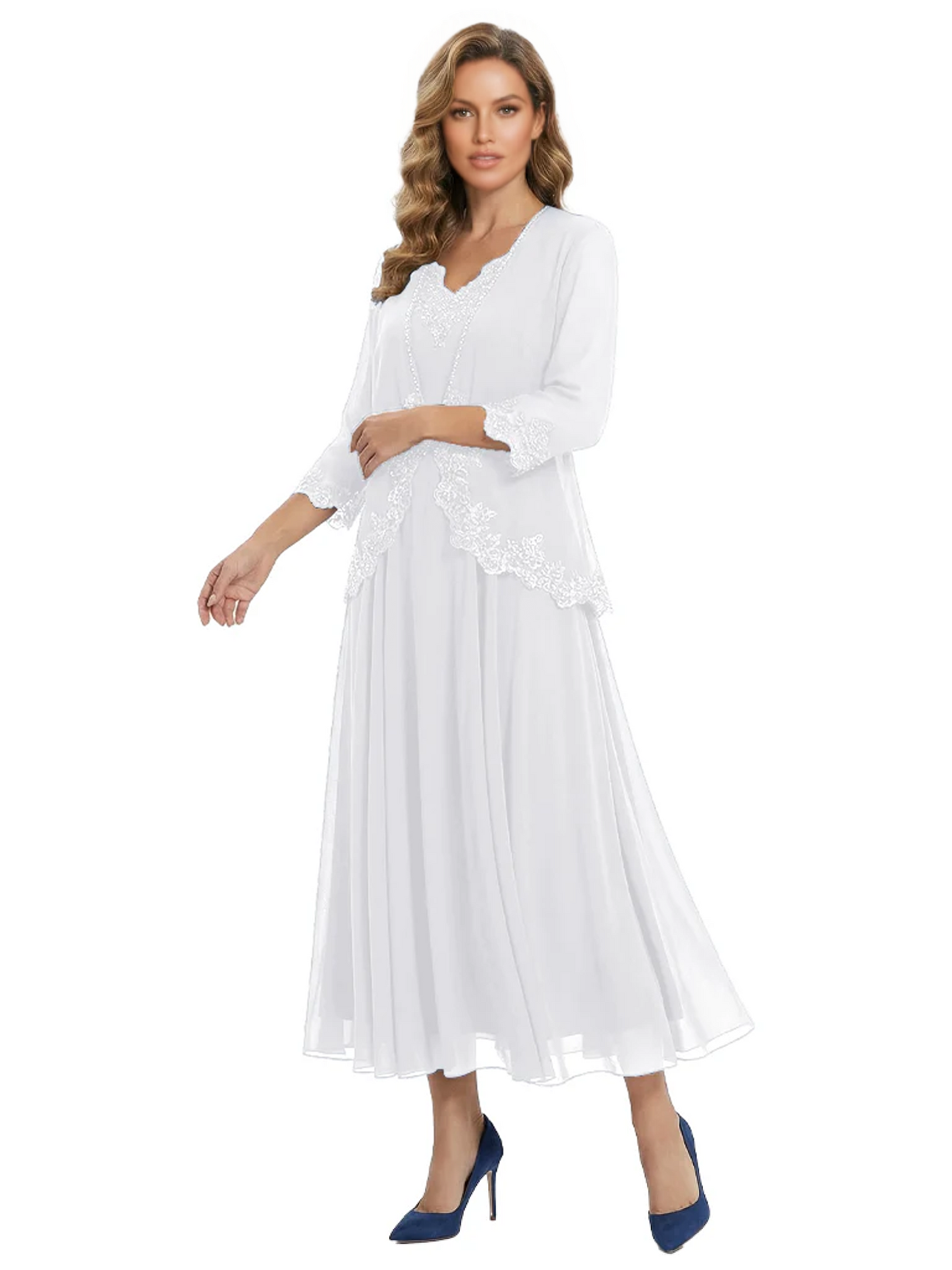 3/4 Sleeve Chiffon Mother of the Brides Dresses V-Neck Wedding Party Gowns