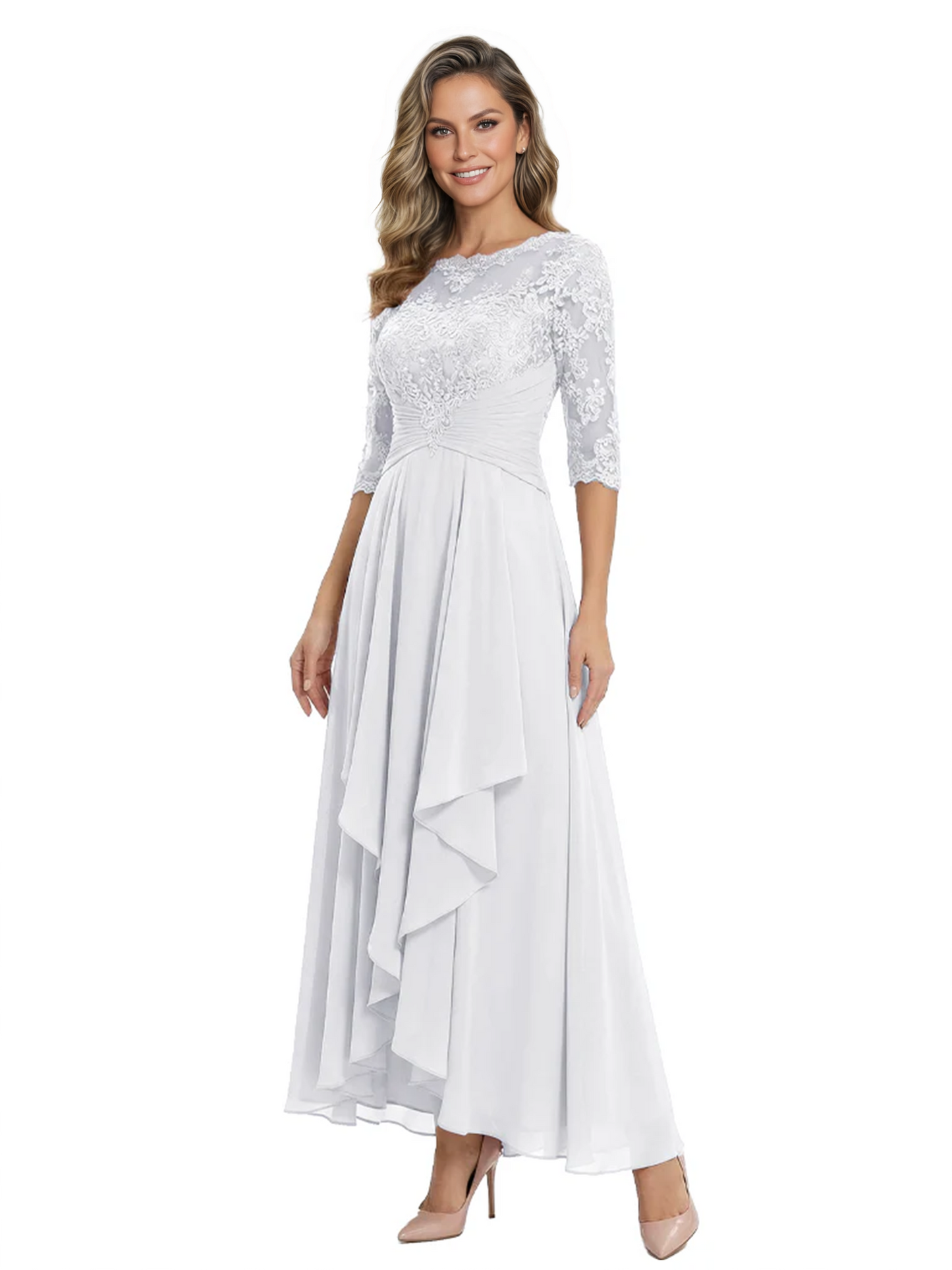 3/4 Sleeve Mother of the Bride Dress with Lace Embroidery High-Low Hem 2026