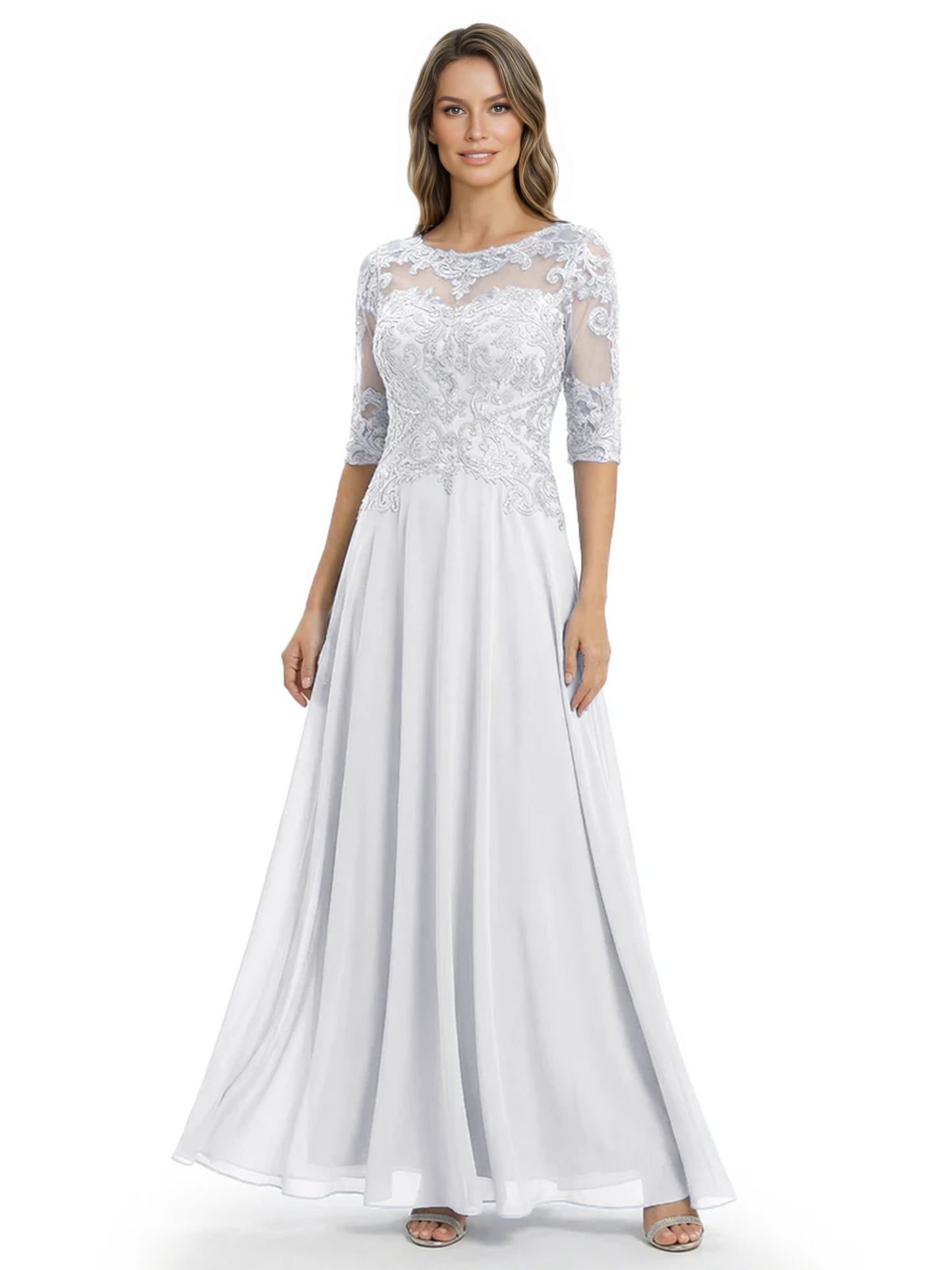 Illusion Neck Mother of the Bride Dress Half Sleeve Lace Applique Gowns Chiffon