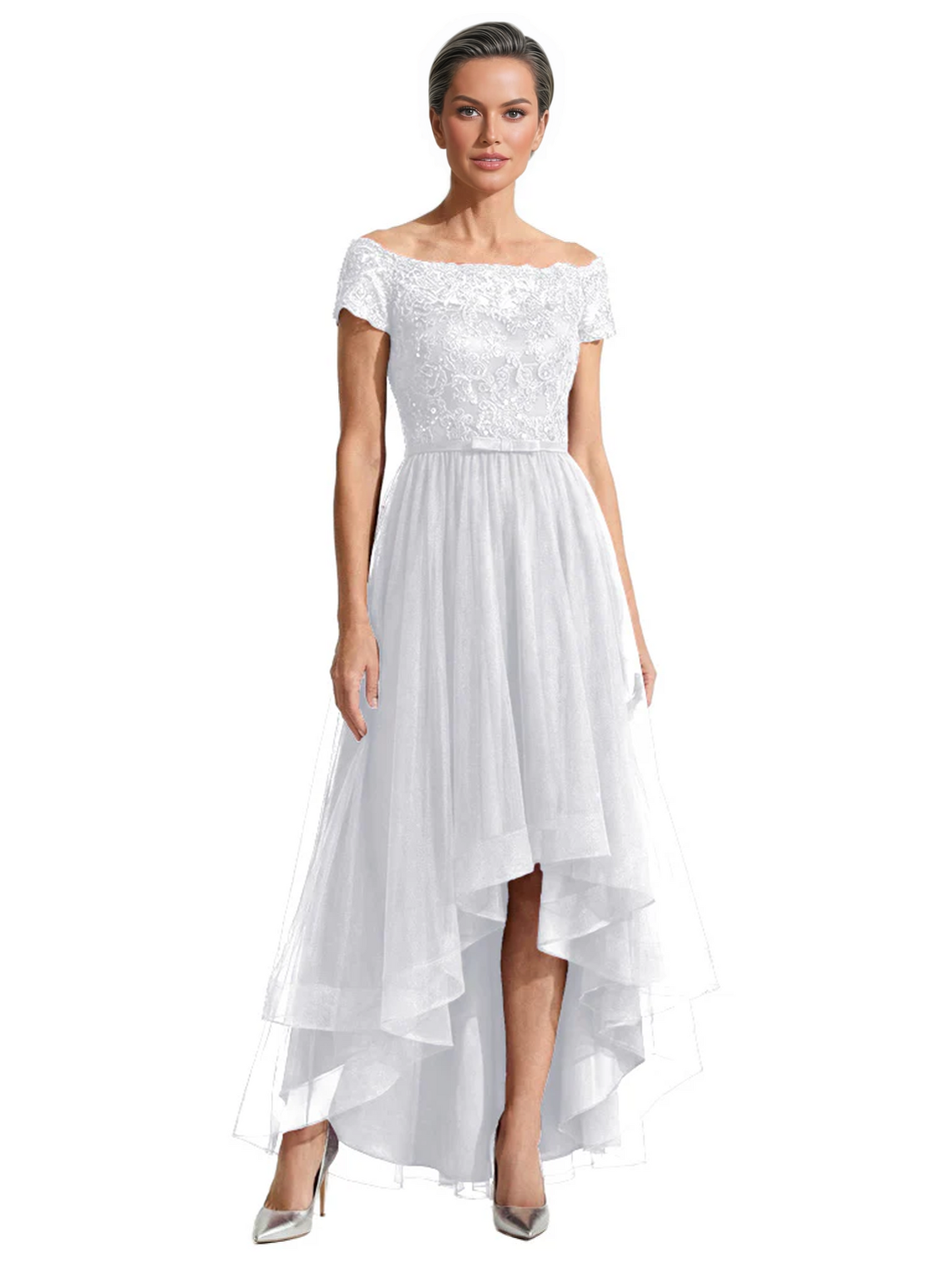 Formal High-Low Mother of the Bride Gown Short Sleeve Lace Maxi Dress with Tiered Skirt