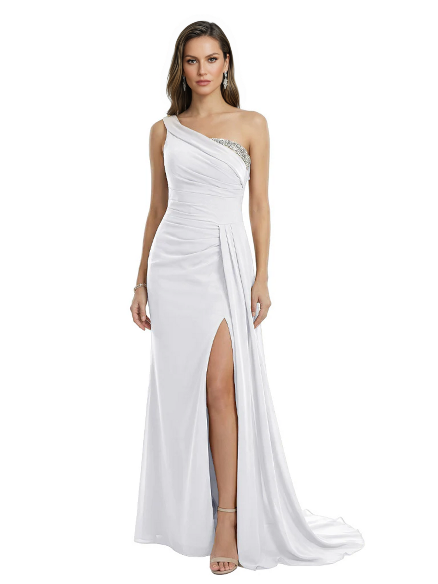 One Shoulder Mother of Bride Dress Ruffle Formal Gowns Mermaid Floor Length Train Slit