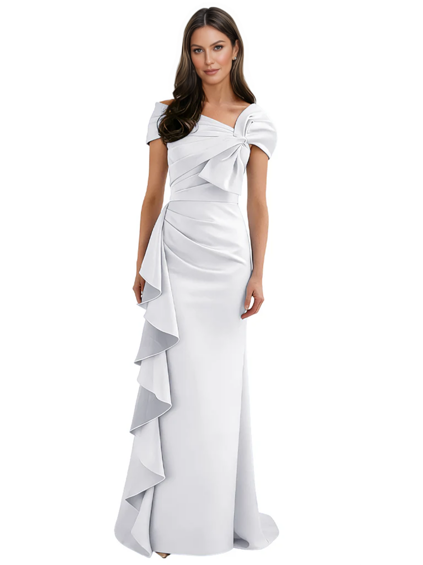 Elegant Mother of Bride Dress Formal Gowns Mermaid Ruffle Floor Length Asymmetric Neckline