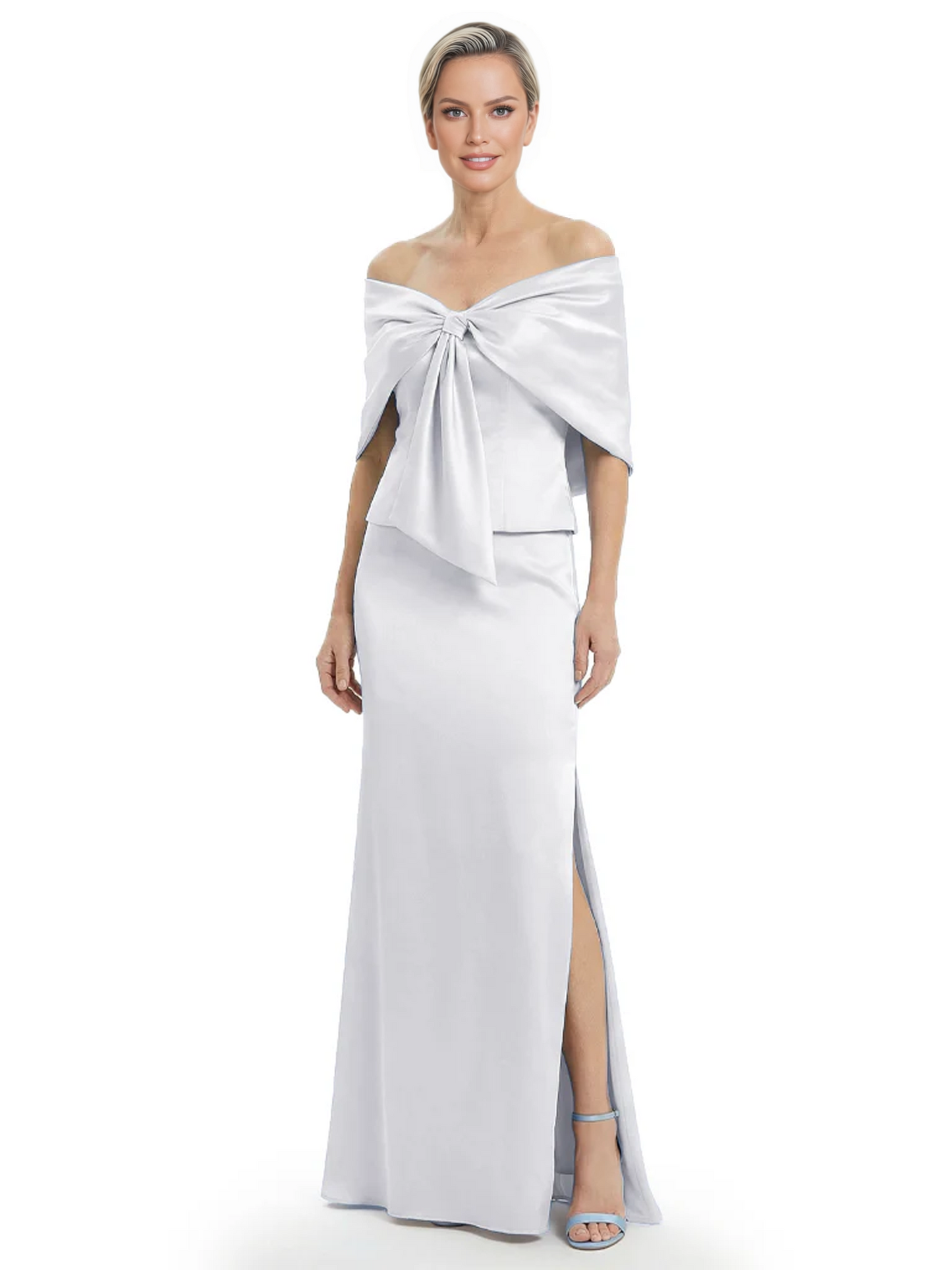 Formal Floor-Length Mother of the Bride Gown Satin Maxi Dress with Bow Neckline