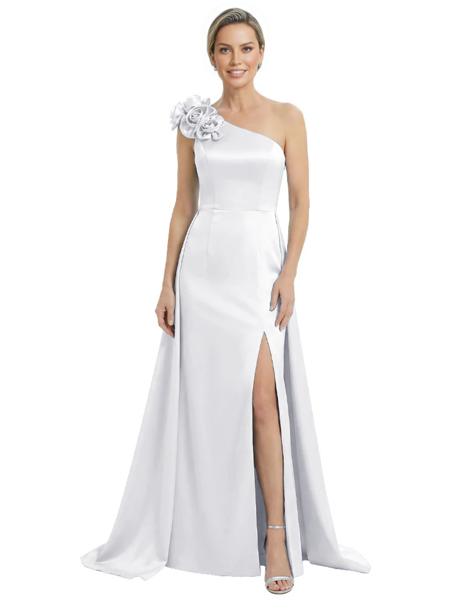 One Shoulder Mother of the Bride Dress with 3D Floral Detail Formal Dress A-Line Gowns with Slit