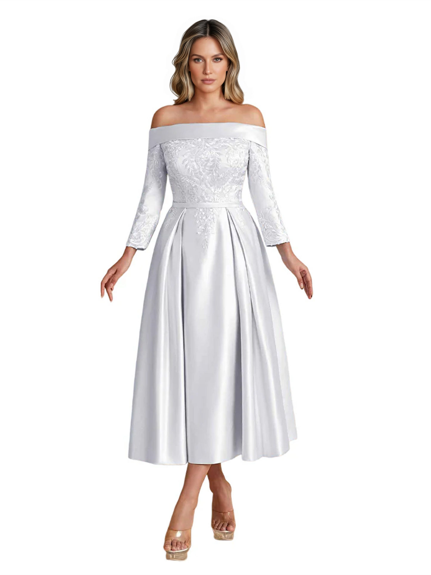Off Shoulder Mother of the Bride Dress Tea-Length Satin Gown with Lace Applique
