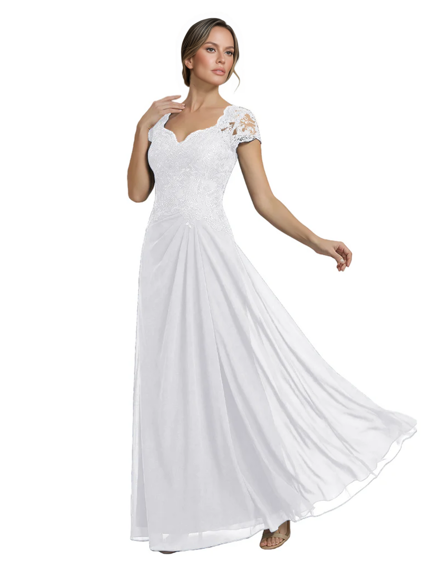 Long A-line Chiffon Short Sleeves Mother of the Brides Dresses Lace Wedding