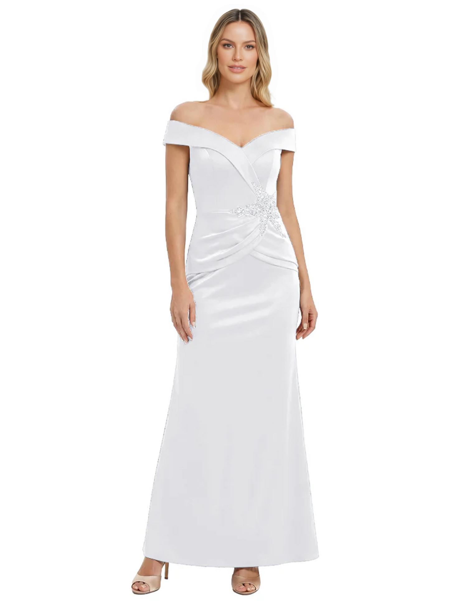 Off Shoulder Mother of the Bride Dress Beaded Waist Satin Gown Portrait Neckline