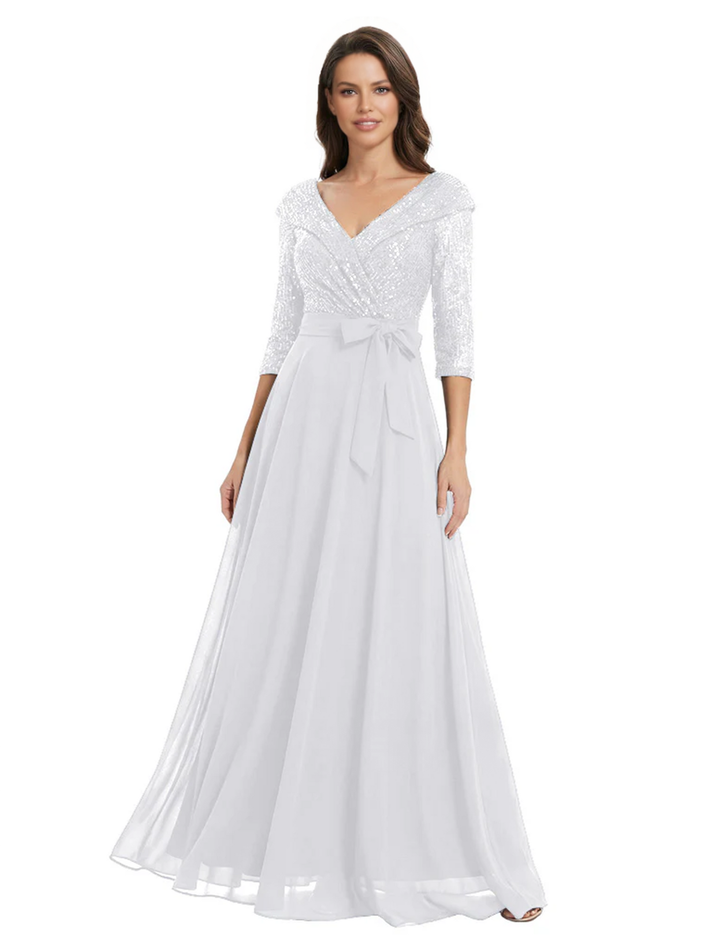 Chiffon Mother of the Bride Dress with Sequin V-Neck and Elegant Bow Sash