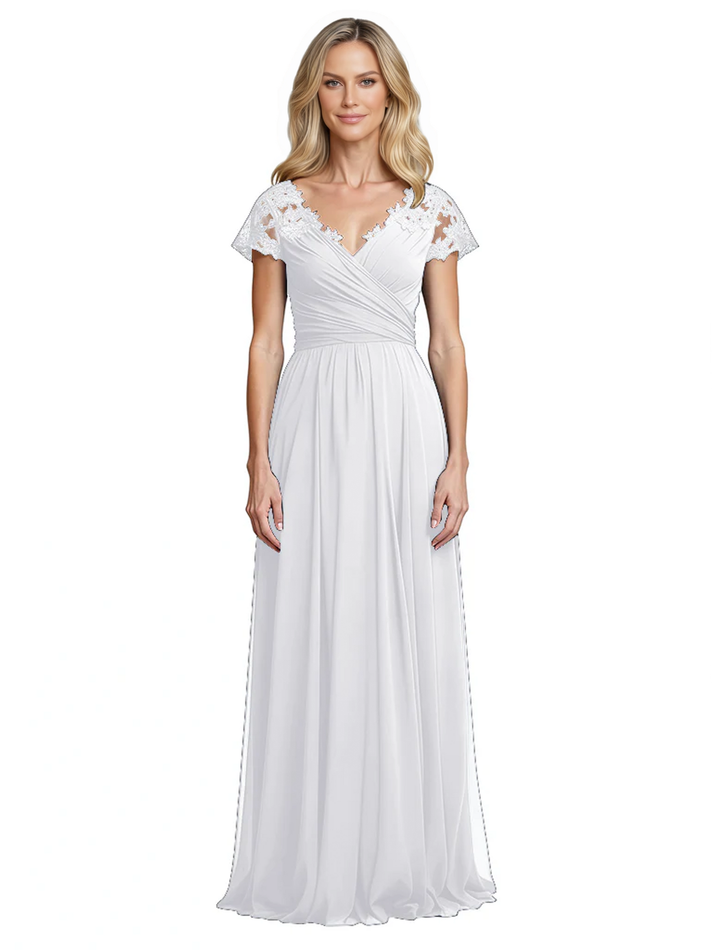 Mother of the Bride Dress Cap Sleeves and V-Neckline with Embroidered Lace Shoulders