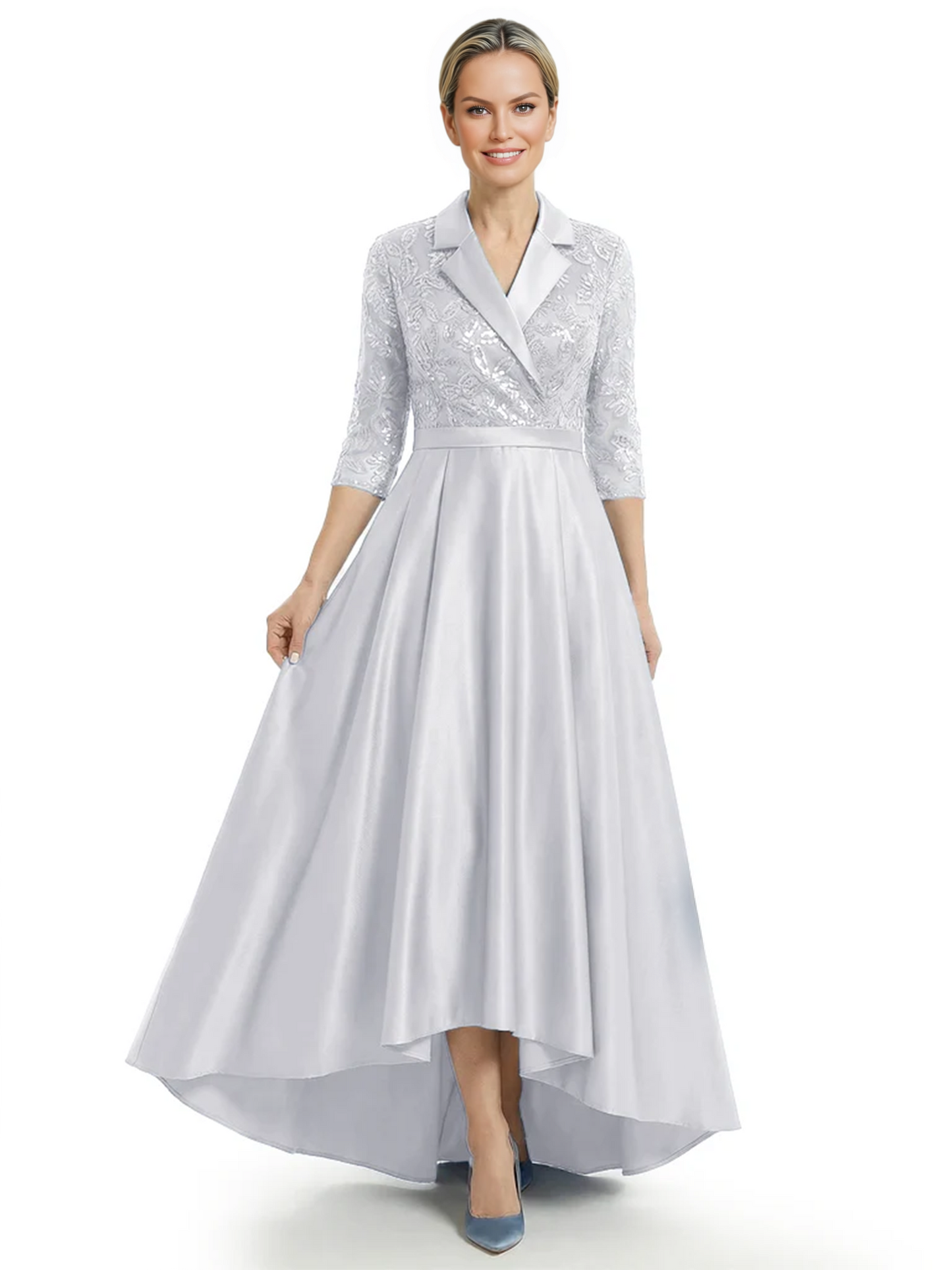 Elegant Mother of Bride Dress Evening Gowns Trending Styles with Lapel Collar 3/4 Sleeves