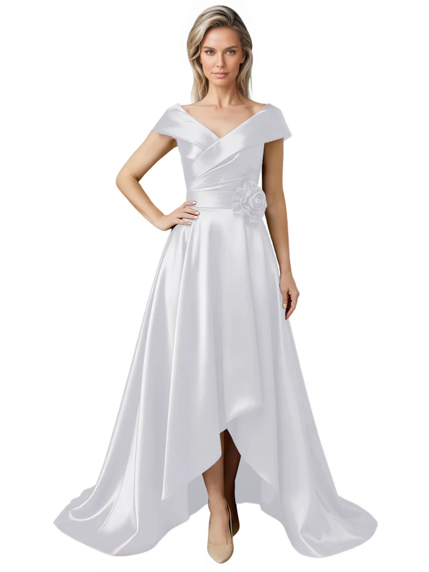 Off Shoulder Mother of the Bride Dress High-Low Satin Gown with Portrait Neckline
