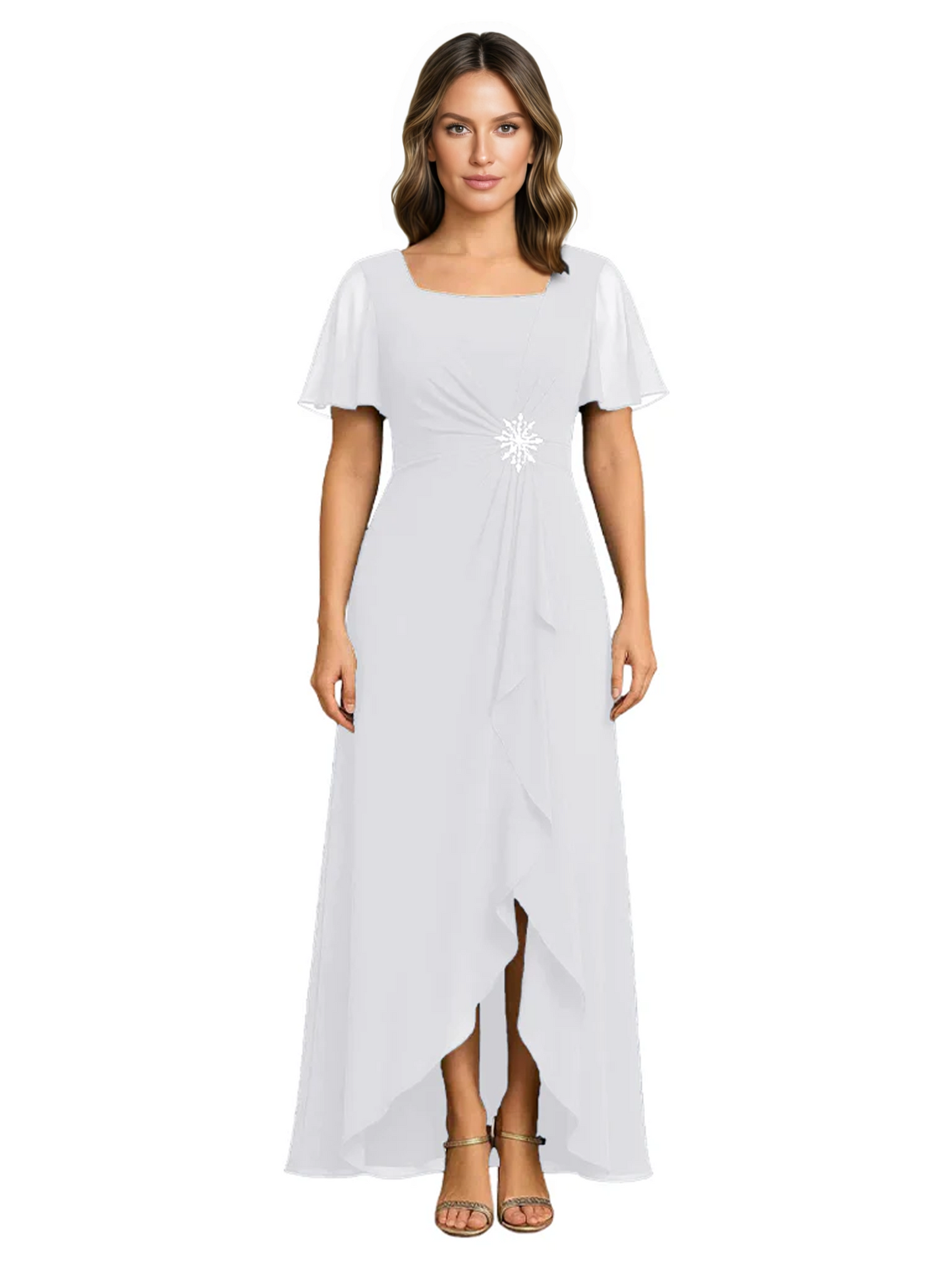 Formal High-Low Mother of the Bride Gown Sleeved Chiffon Maxi Dress Ruched Waist