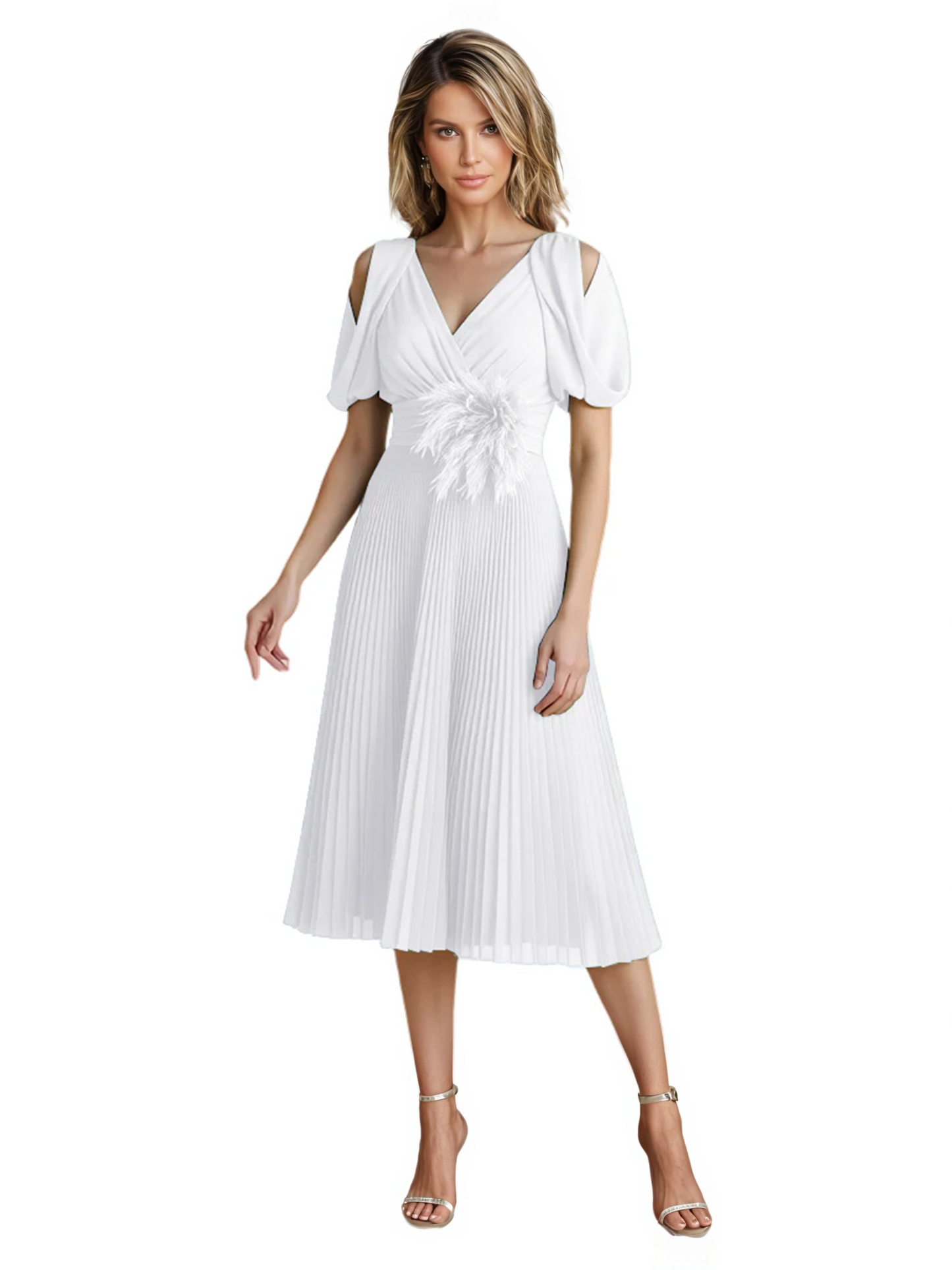 Wedding Formal Dress V-Neck Pleated Chiffon Gown with 3D Flower Accent Knee Length