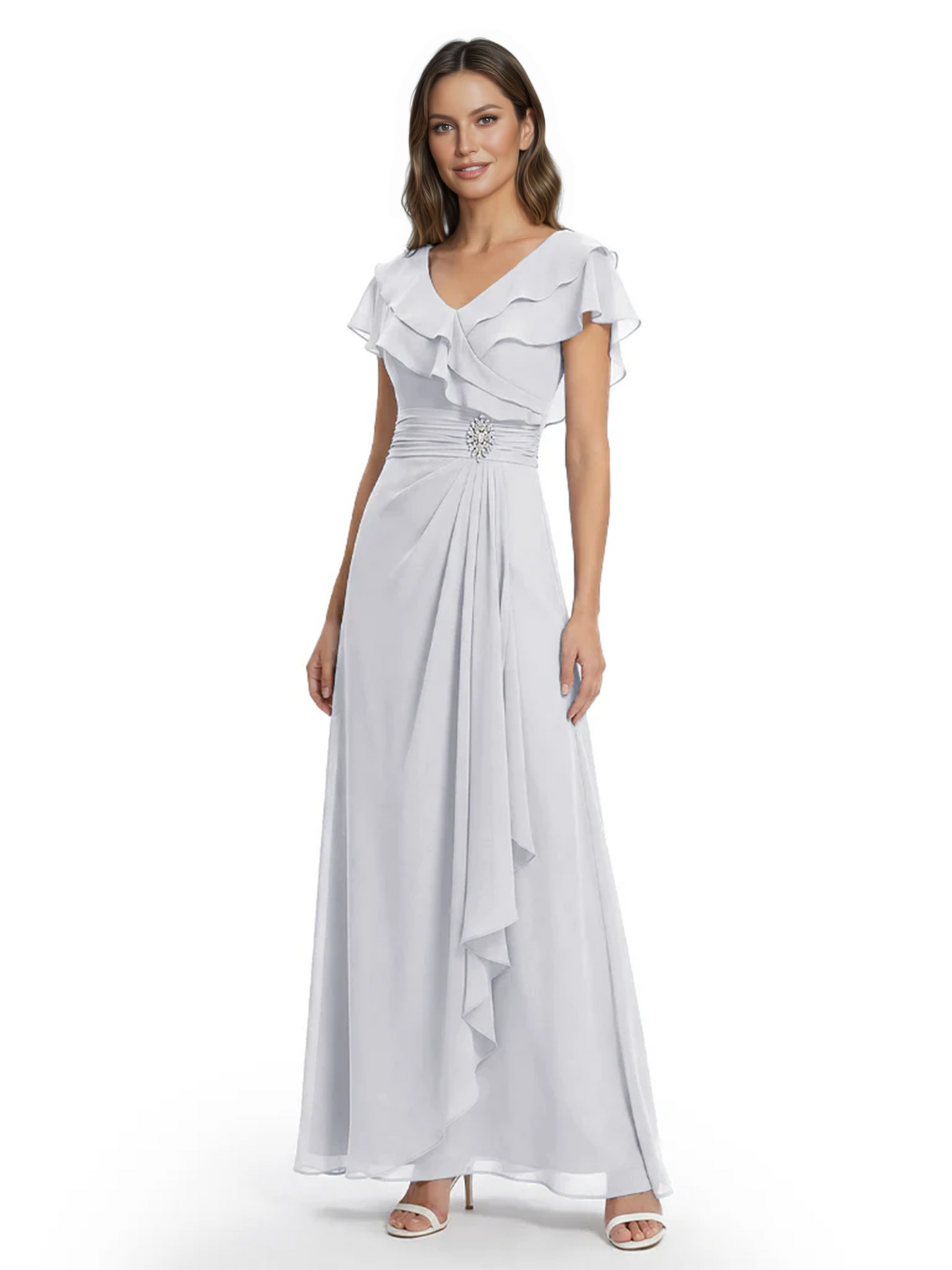 Elegant Mother of the Groom Dress Cascading Ruffle Chiffon Formal Gown Rhinestone