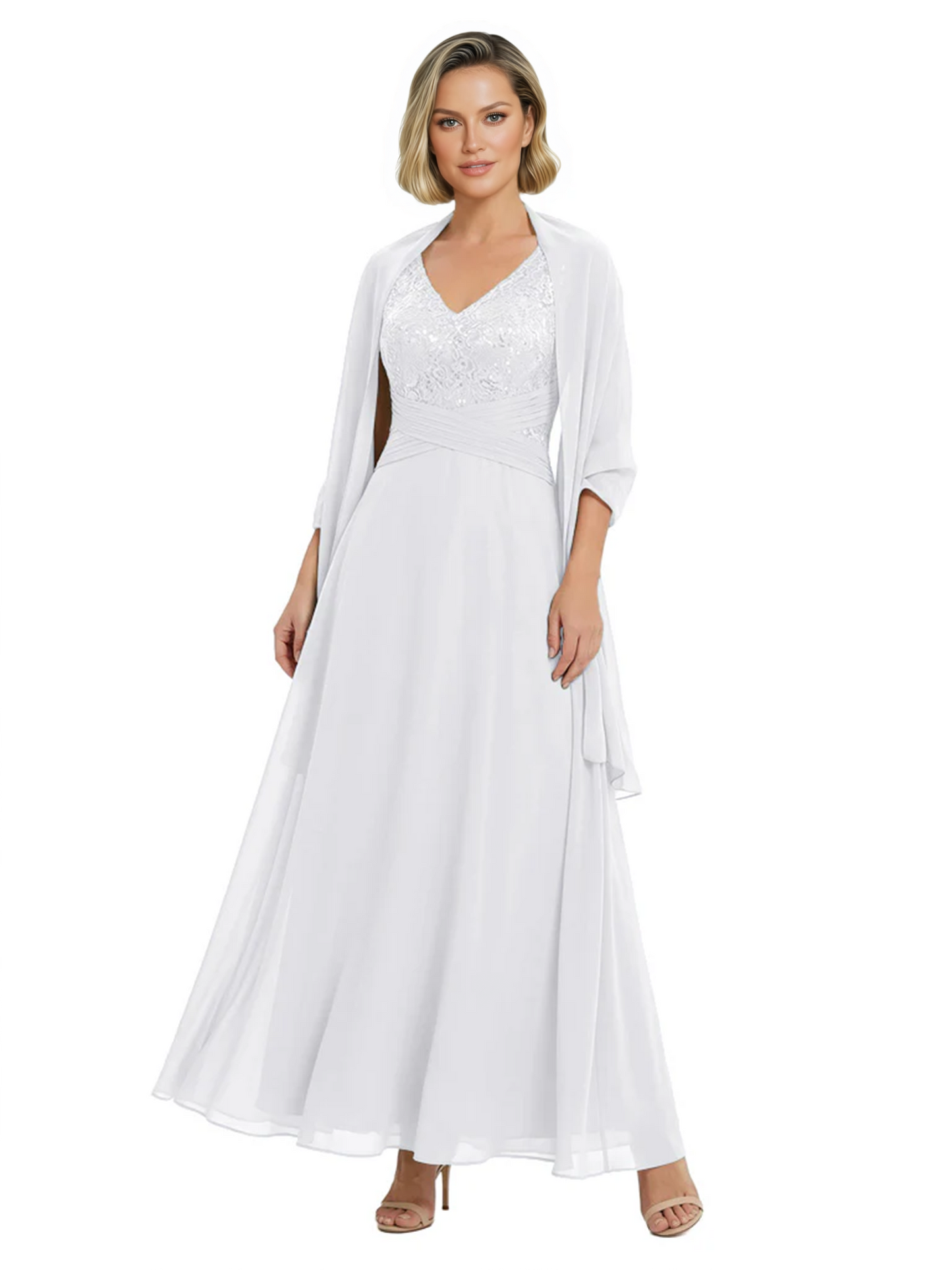 Luxury Formal Mother of Bride Dress Sparkling Sequin Top & Flowy Chiffon Skirt with Shawl