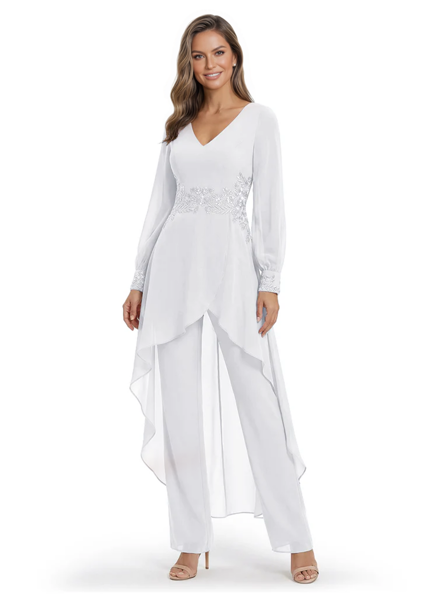 Luxury Black Formal Trousers Set High-Low Chiffon Top with Sparkling Beaded Detail