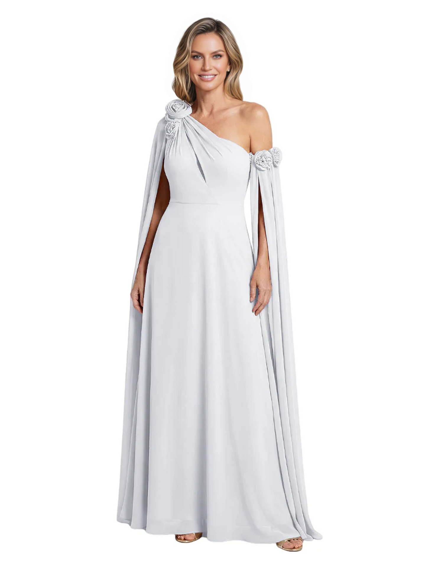 One Shoulder Mother of the Bride Dress Asymmetrical Cape Sleeve Gown with Floral
