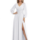 A-Line Mother of Bride Dress V-Neck Chiffon Gown Long Sleeves Slit Formal Dress