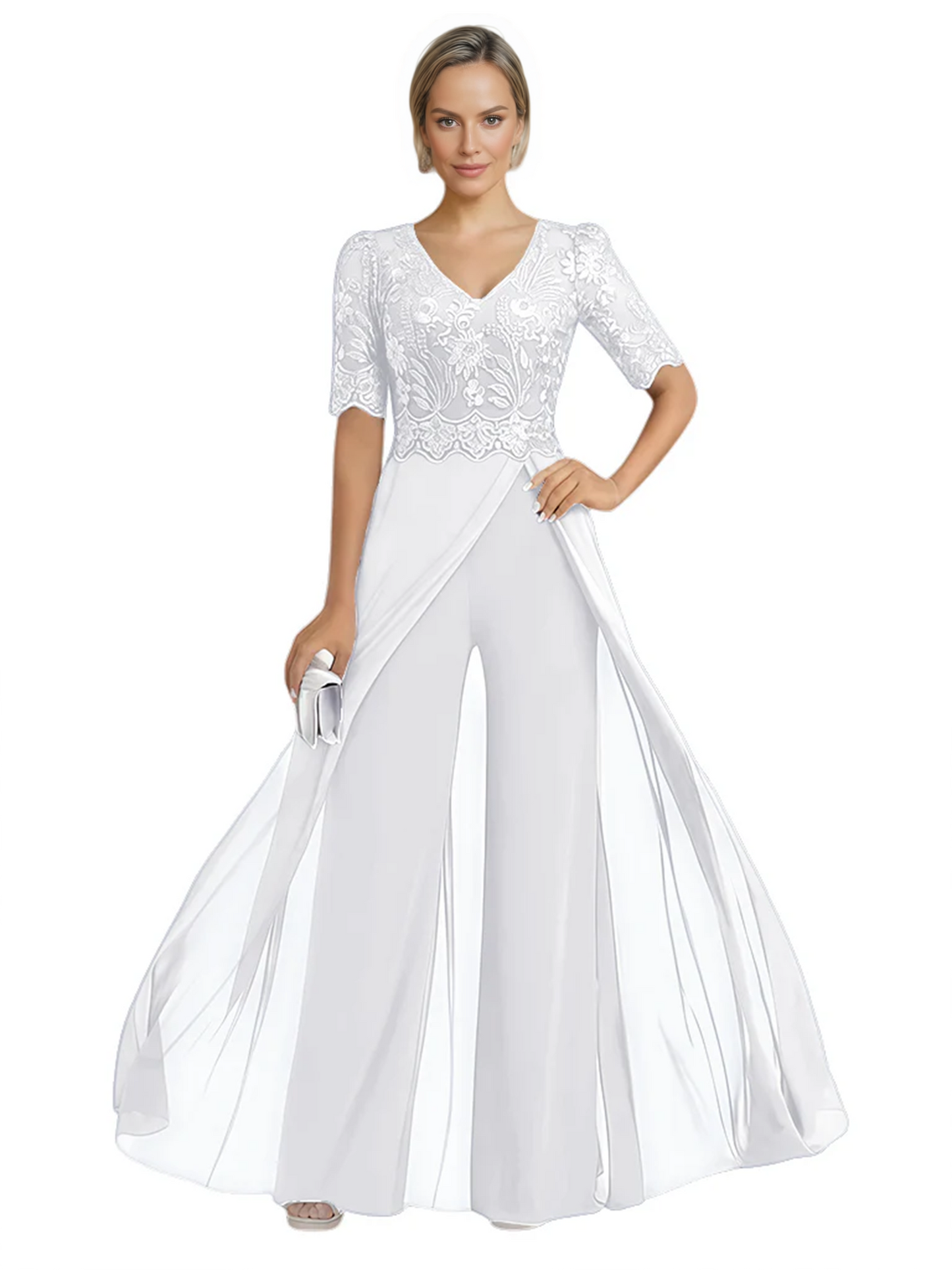 V-Neck Chiffon Mother of the Brides Jumpsuits Dresses Floor Length A-Line Lace