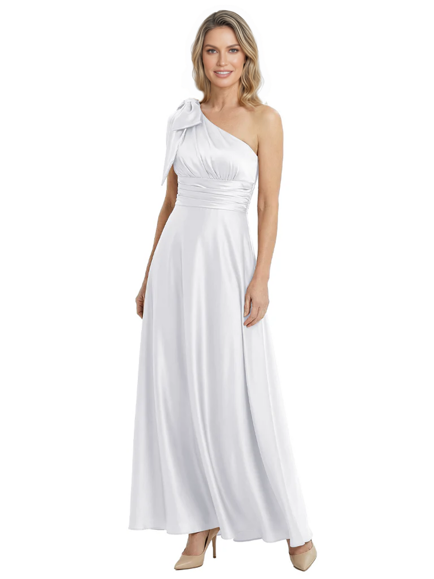 One-Shoulder Mother of the Bride Dress Satin Gown with Bow Ruched Empire Waist