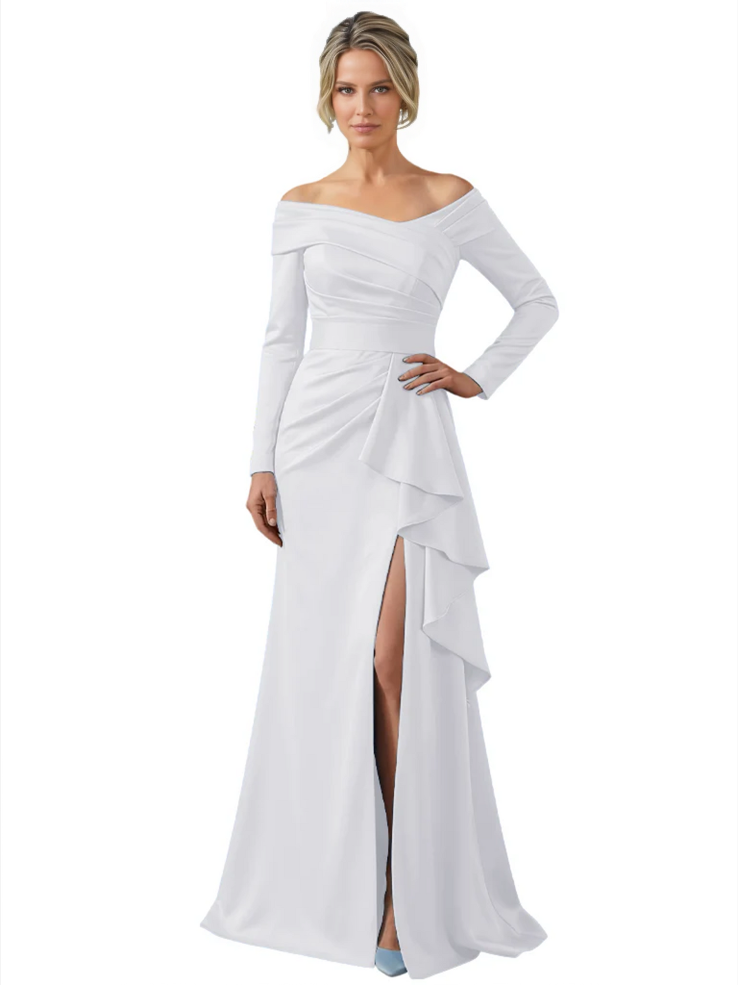 Elegant Mother of the Groom Dress Cascading Ruffle Satin Gown with High Slit Long Sleeves