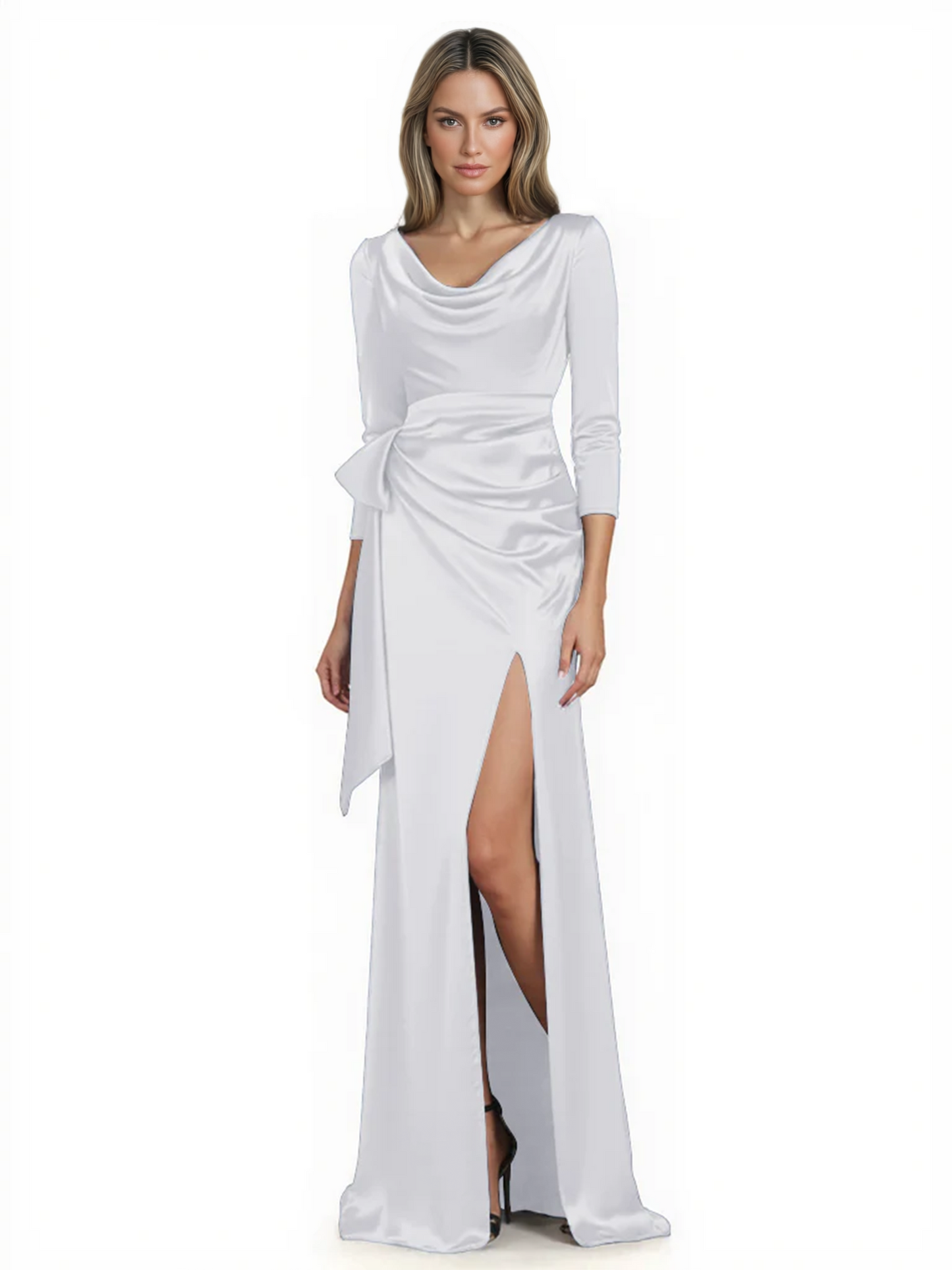 Elegant Evening Gowns Slit Trending Styles Satin Slit Formal Dress Cowl Neckline Gown Tie